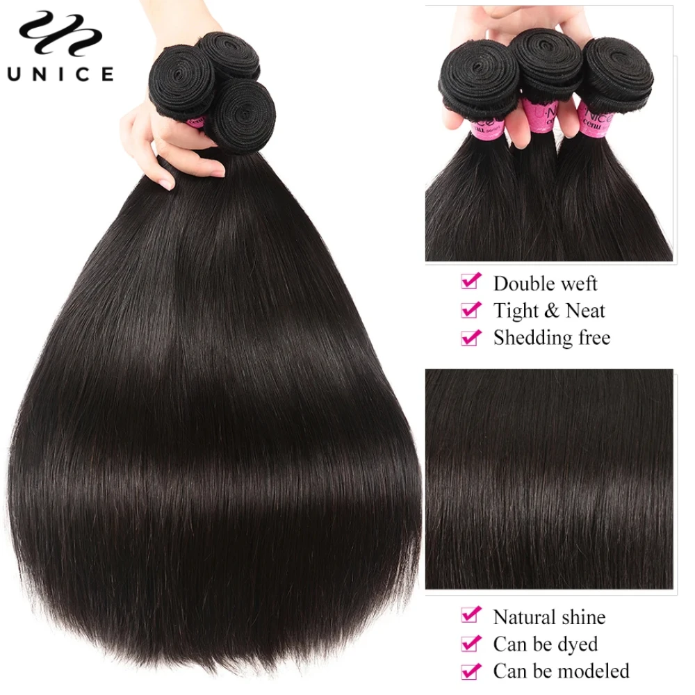 Unice Hair Straight Human Hair Bundles 3Pcs With 13x4 Lace Frontal Free Part 100% Human Hair Bundles with Frontal Deal