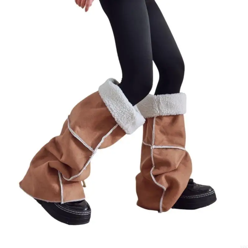 L5YC Women Faux Suedes Over Knee Leg Warmers Stockings Fleece Lined Flared Thigh High Leg Covers Footless Socks Streetwear