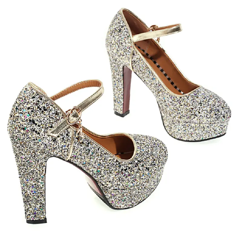 QPLYXCO 2021 New Glitter Bling Party Wedding Sexy Female Shoes Round Toe Platform Thick High Heels Buckle Strap Mary Janes Pump