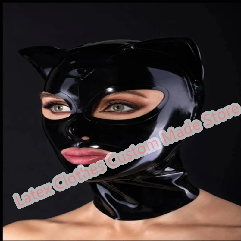 

Cat Ear Latex Hood Back Zipper Rubber Mask Sexy Fetish Cosplay Halloween Costumes for Men Women