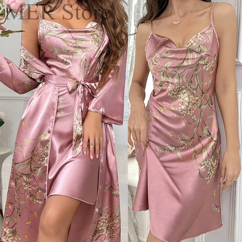 Sexy Pink Flower Print Robe Suit 2Pcs Women's Home Clothing Lady Ice Silk Long Kimono Bathrobe Gown Sleeveless Sleep Dress