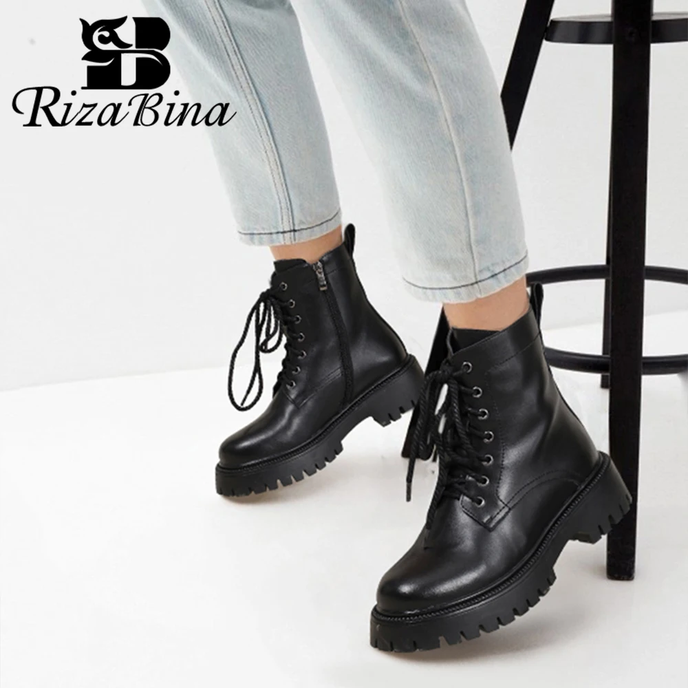 RIZABINA Ankle Boots For Women Genuine Leather Winter Warm Long Plush Platform Boots Lace Up Outdoor Non-slip Motorcycle Boots