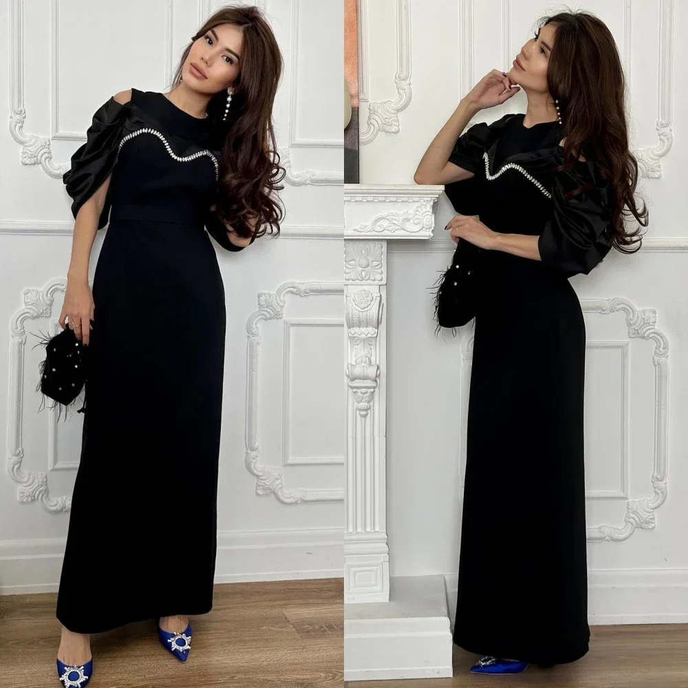 

Customized Simple Prom Saudi Arabia Jewel A-line Anke Length Evening Dress Formal Ocassion Gown Rhinestone Satin robe femme soir