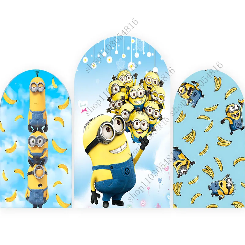 MINISO The Minions Arch Fondale fotografico Parete ad arco blu per bambini Festa di compleanno Baby Shower Sfondo fotografico bifacciale