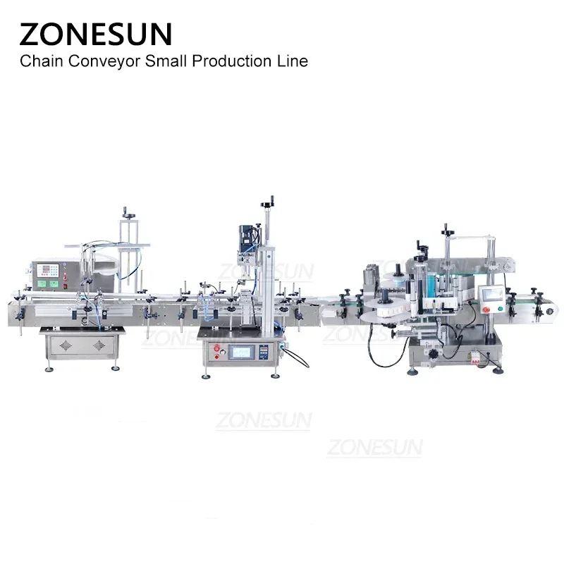 Zonesun pequena linha de produção automática pneumática suco gel garrafa enchimento tampando e máquina de rotulagem plana para cosméticos