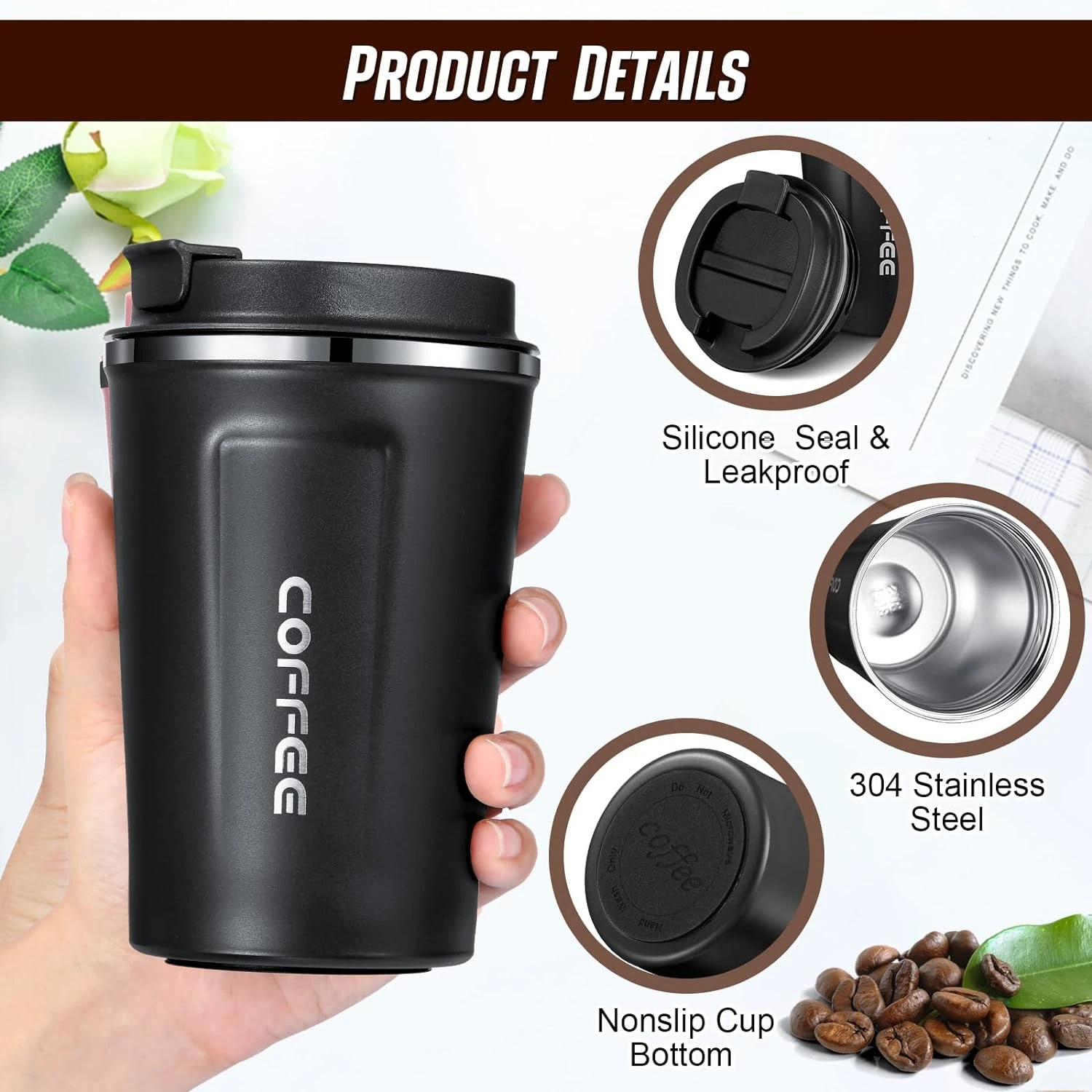 Enjoy Your Drinks on the Go with this Set of 4 Contemporary Stylish Insulated Stainless Steel Coffee Travel Mugs. Featuring Leak