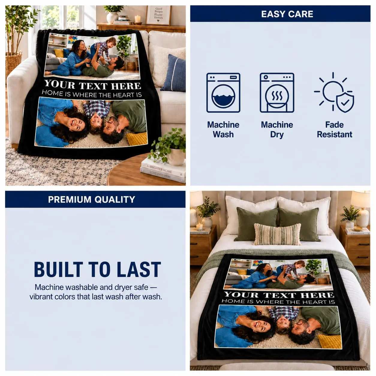 Ships Next Day Personalized Photo with Text Blanket, Custom Picture Throw