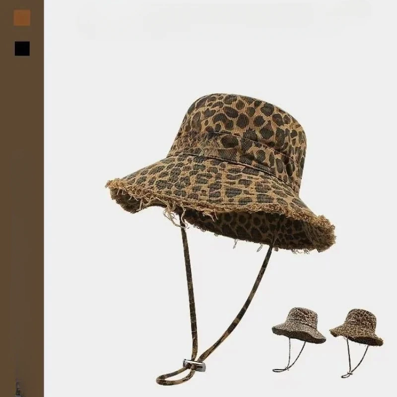 

Retro Men's Leopard Print Washed Border Men's Women's Fisherman Hats Seasonal Hanging Rope Outdoor Travel Basin Hats Sun Hats