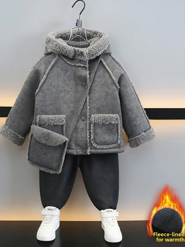 

Thiened Fce Lined Suede Jaet for Boys Autumn Winter Sle Youth ular Warm Long Sve Hooded Zipper Closure Coat