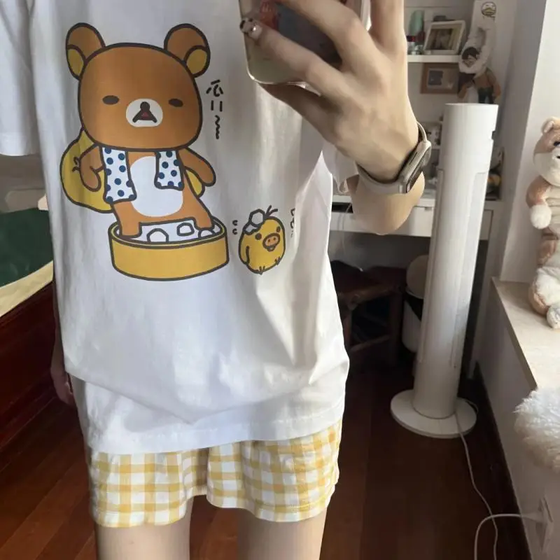 Kawaii милая футболка Rilakkuma, новый белый женский топ из чистого хлопка с короткими рукавами и принтом, подарки для подруги