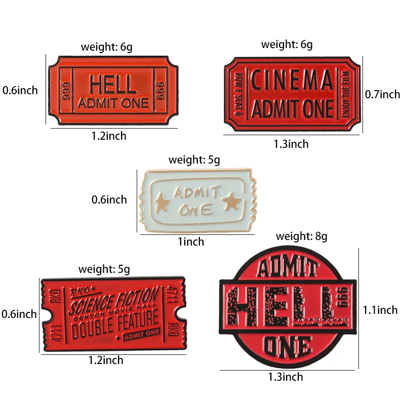 Tickets Enamel Pins Cinema Hell Admit One Badges Custom Brooches Bag Clothes Lapel Pin Punk Black Red Jewelry Gift 9 styles Film