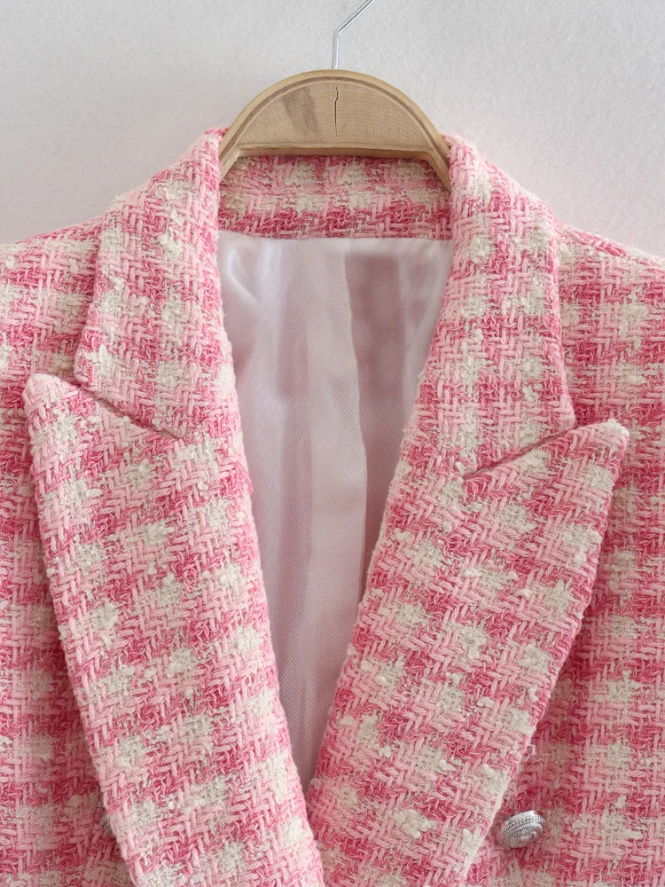 Pink Check Tweed Blazer for Women, Retro Button, Long Sleeve, Pocket, Elegant Jacket, Fashion Top, Designer, 2024