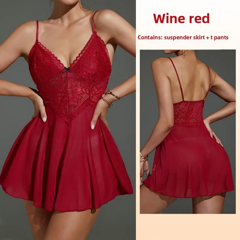 

European cross-border sexy deep V lace suspender perspective mesh flirting underwear pajamas pajamas large size women