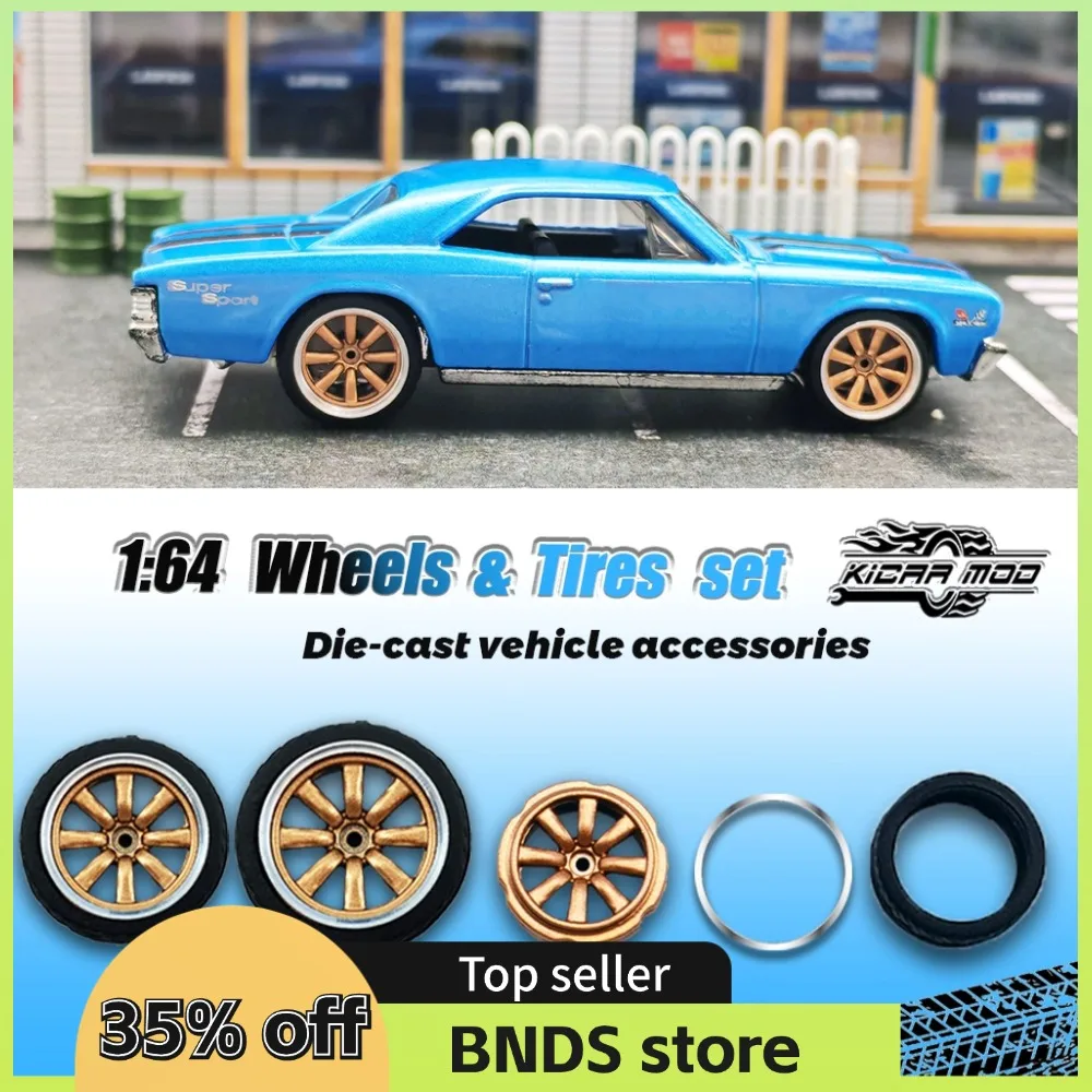 Kicarmod 1/64 Model Car ABS Wheels with Rubber Tire Metal Rims Front Small Rear Large Refitting Parts For Model Car Hot Wheels