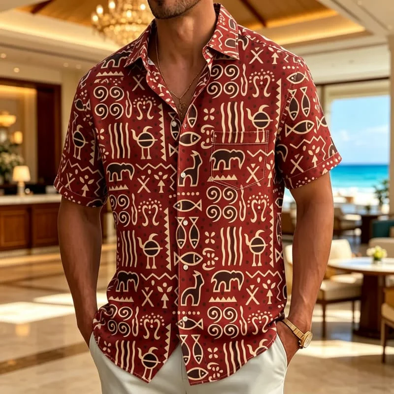 Vintage Ethnic Primitive Wildlife Geometric Symbol Pattern Unisex Short Sleeve Blouse Camp Collar Loose Vacation Shirt