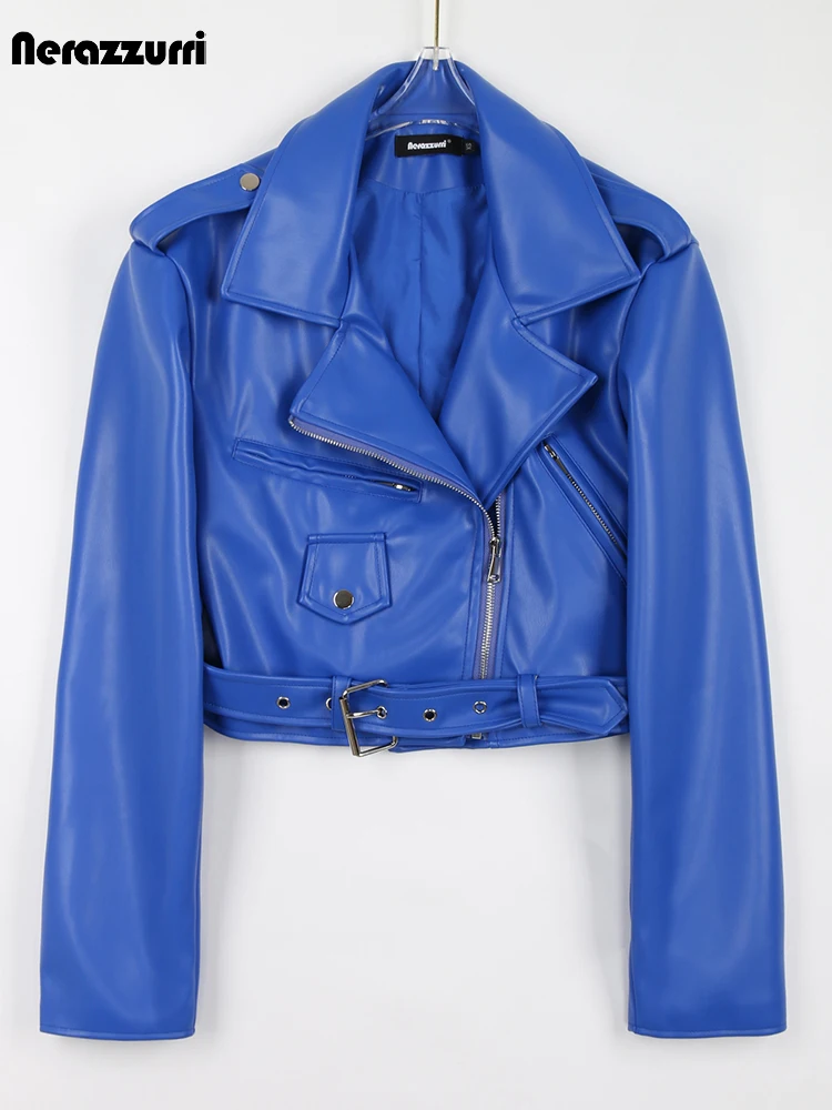 Nerazzurri Spring Autumn Blue Cool Short Soft Faux Leather Biker Jacket Women Long Sleeve Belt High Quality Clothing Fashion