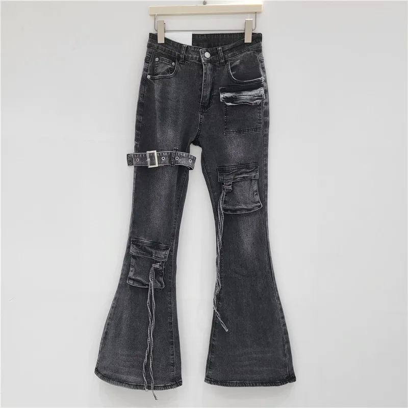 American Style High Street Jeans for Women in The Spring of 2025 Retro and Trendy Design Workwear Elastic Micro Flared Pants