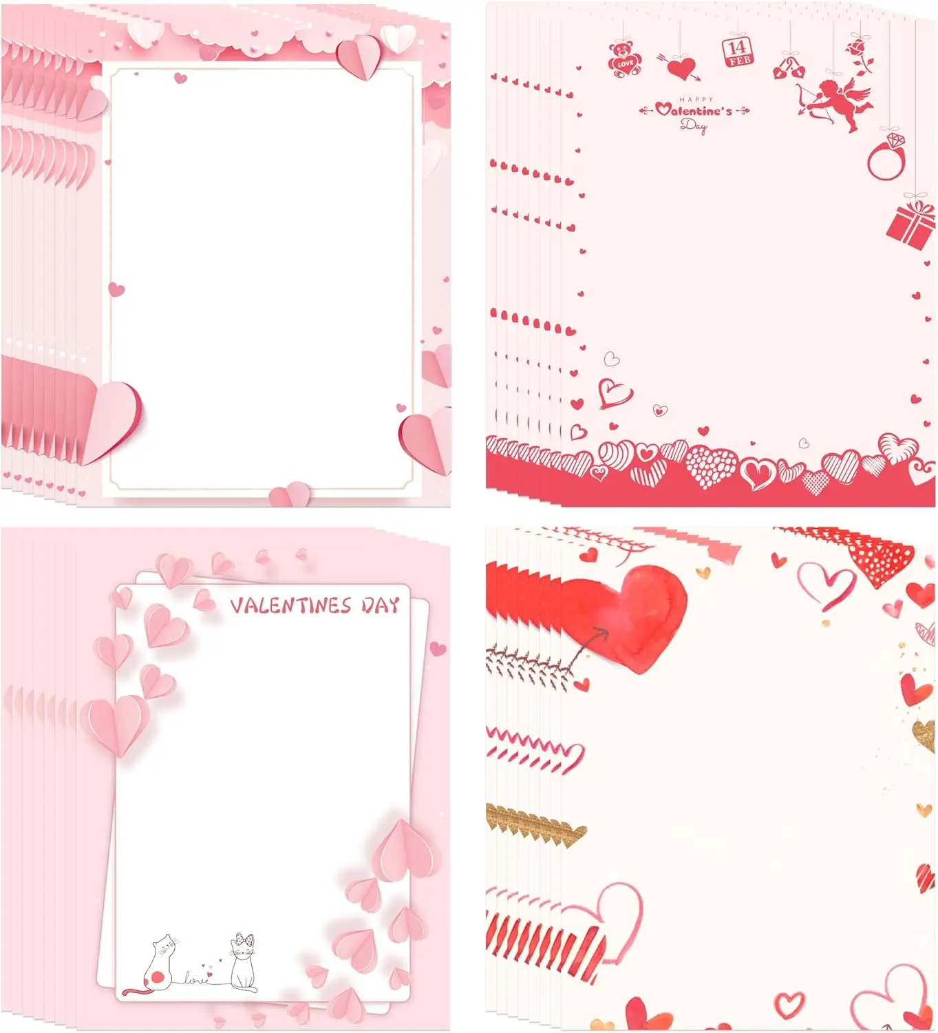 60 Pcs Valentine's Day Stationery Letterhead Paper Sweet Pink Love Heart Letter Writing Paper - 8.5 x 11 Inch Pink Letter