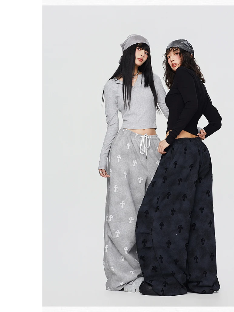 

American Sle Street Dance Cross Print Dstring Knife Wide Leg Casual Pants Women Spring Autumn Loose Fit Sports Leis...