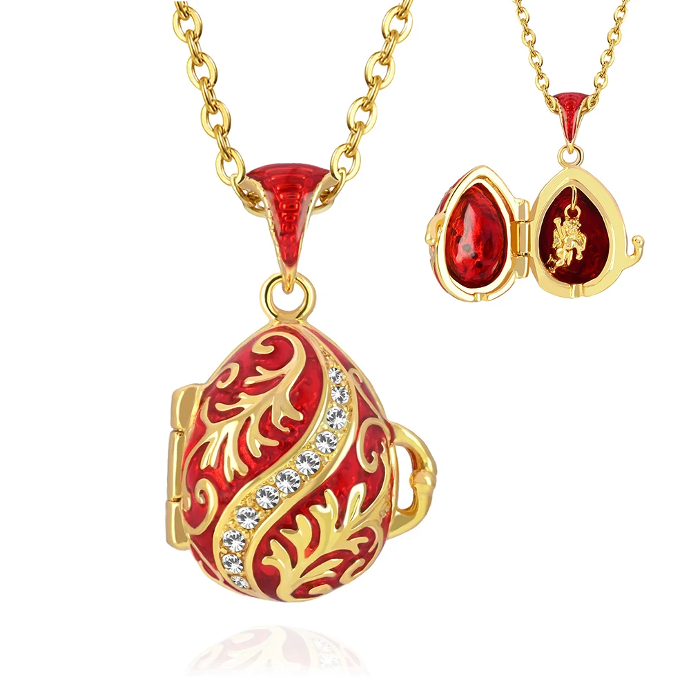 YAFFIL Can Open Brass Enamel Handmade Ladybird Inside Vintage Egg Pendant Women Luxury Charm Crystal Gift Necklace