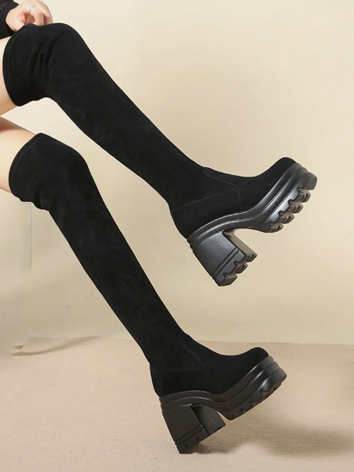 Lady Boots Women\'s Rubber Shoes Rain Clogs Platform Boots-Women Sexy Thigh High Heels High Sexy Round Toe Winter Footwear Large