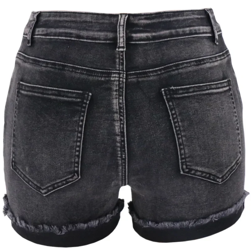 Women High Waist Vintage Broken Holes Denim Shorts Tassel Trouser Legs Three Quarter Pants Female Mini Jeans Trend Streetwear 24