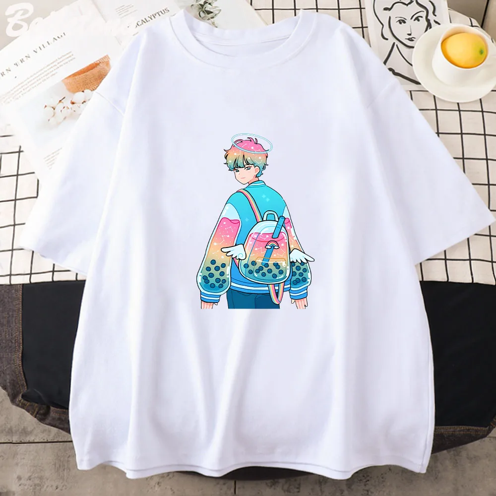 Rainbow Boba T-Shirt Women Popular T Shirt Cartoon Graphic Print Women`s  Clothing Tops Summer Oversized T Shirt Girls Tshirts