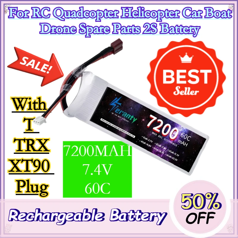 7200MAH 7.4V 60C Upgrade LiPo Battery 2S With T TRX XT90 Plug For RC Quadcopter Helicopter Car Boat Drone Spare Parts 2S Battery