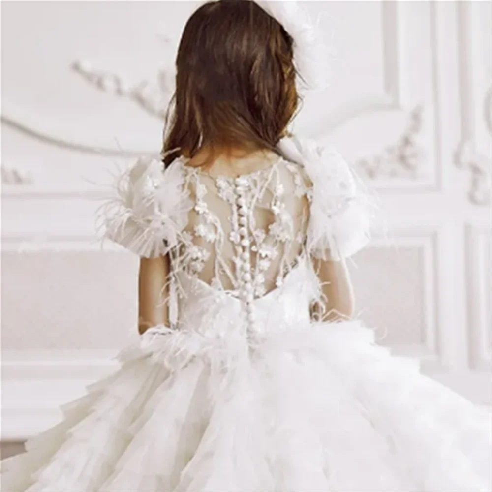 Pure Angel Short-sleeved Tulle Lace Printing Flower Girl Dress Princess Ball First Communion Dresses Surprise Birthday Present