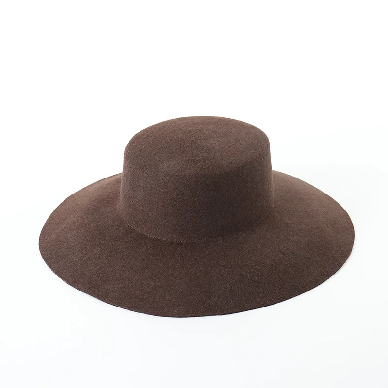 Vintage Simple Fashion Wool Flat Top Wide Brim Hat Autumn Winter Women Wool Felt Flat Top Hat