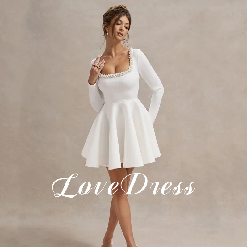 فستان زفاف بسيط مخصص على شكل حرف a وأكمام طويلة أنيق بياقة مربعة وطيات لؤلؤ وسحاب 2026 فستان زفاف قصير عاجي