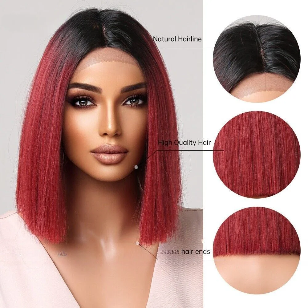 Forehead hand woven lace wig in the gradient red short straight hair wigs Synthetic