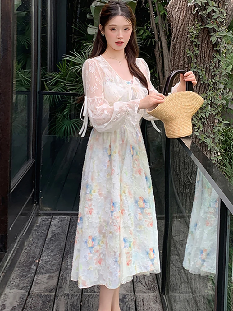 2026 Fashion Jacquard Chiffon Lace Sling Dress+Blouses Two Piece Sets Women Summer Korean Vintage Luxury Dance Party Dress Suits