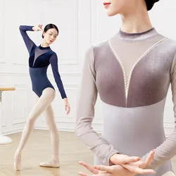 Ballet Leotards For Women Elegant Velvet Patchwork Mesh Adult Ballerina Clothes Long Sleeve Stand Collar Leotard Costume