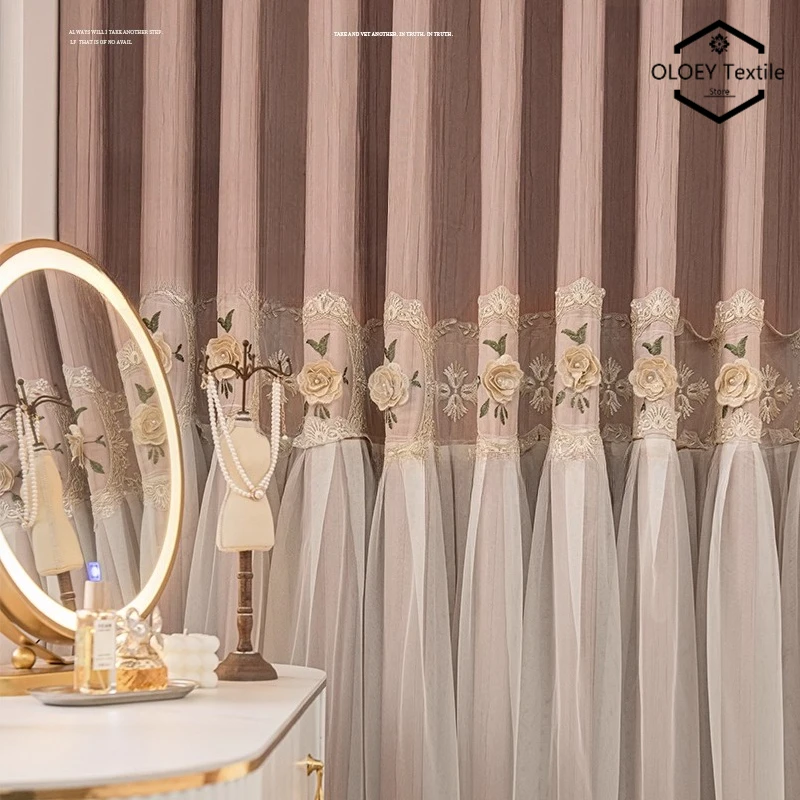 

Vintage Pink Lace Curtain for Bedroom Romantic Luxury Embroidered Flower Girl Blackout One Piece Skirt Design Living Room Drape