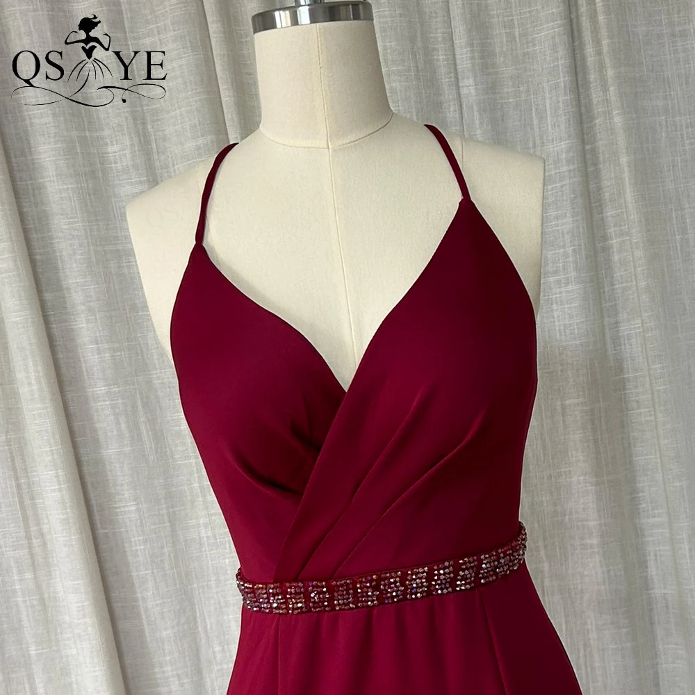 Claret Red Evening Dress Halter Neck Ruched Split Sexy V Long Mermaid Prom Gown Crystal Beading Sash Shoulder Straps Party Dress