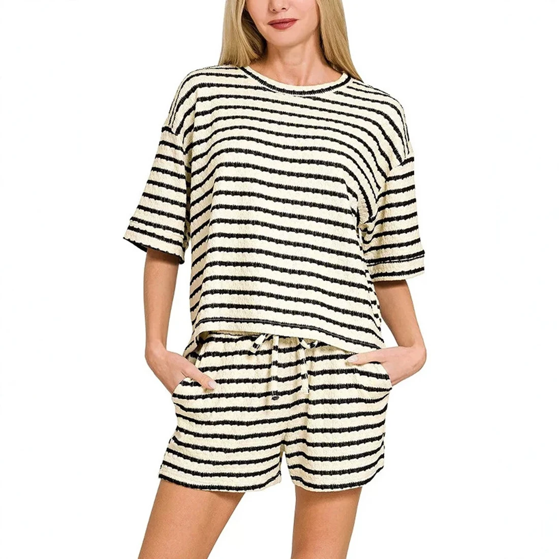 

Women's Lounge 2 Piece Sets Summer Striped Matching Round Neck Short Sleeve T Shirt and Drawstring Shorts Set
