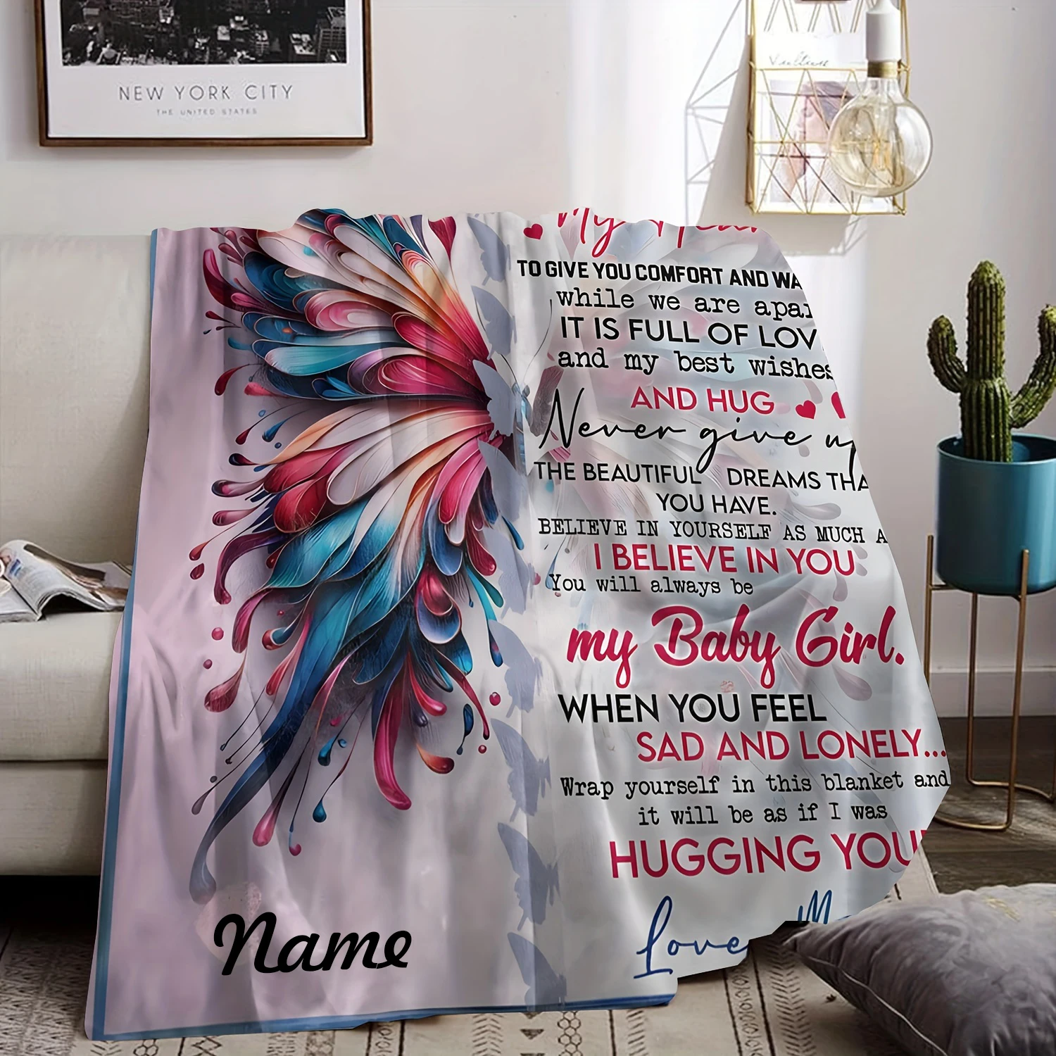 Personalisierte Flanelldecke „To My Daughter“, individuelle Namensnachricht, florales Herz-Design mit Familienbrief, ganzjährig, gemütlich für das Bett