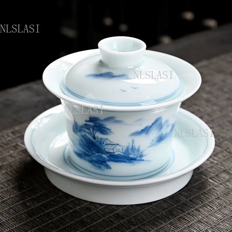 Mountain Landscape Gaiwan 3-piece Blue and White Porcelain Tea Bowl Chinese Gongfu Tea Brewing Cup Traditional Tea Room Teaware