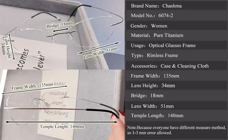 2 g Men Cat Eye Prescription Eyeglasses Graduation Lenses Light Optical Frames Rimless Titanium Glass for Women