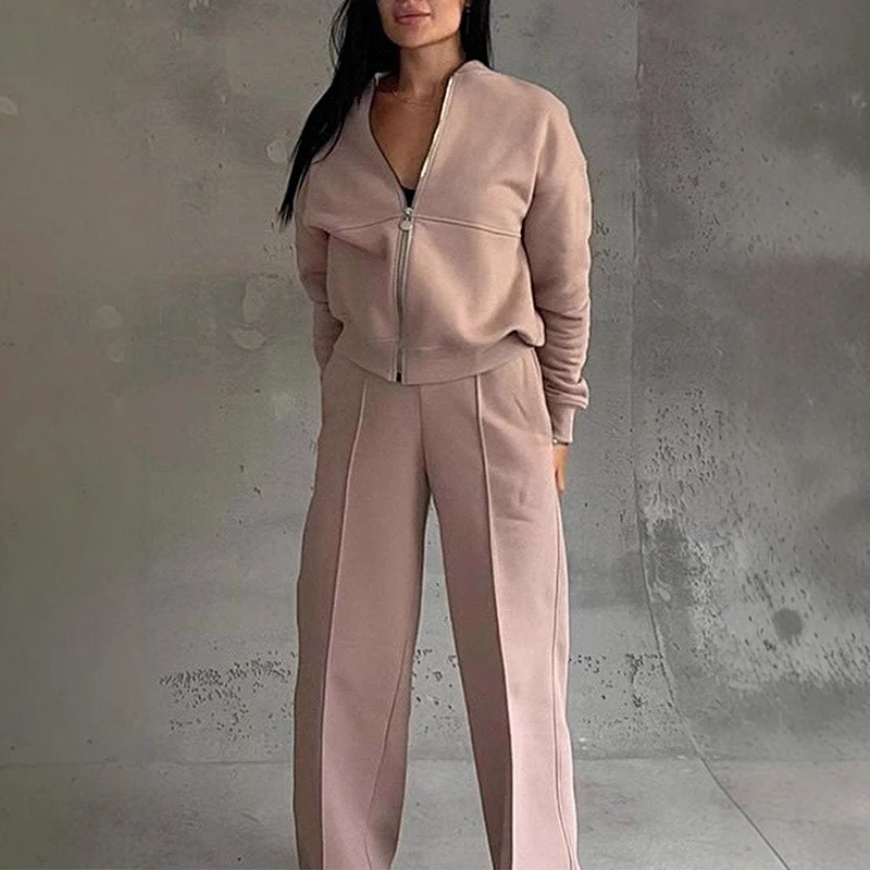 Lady Casual O-neck Zipper Jacket and Pants Suit Fall Winter Long Sleeved Loose Two Piece Set Office Elegant Pocket Solid Outfit