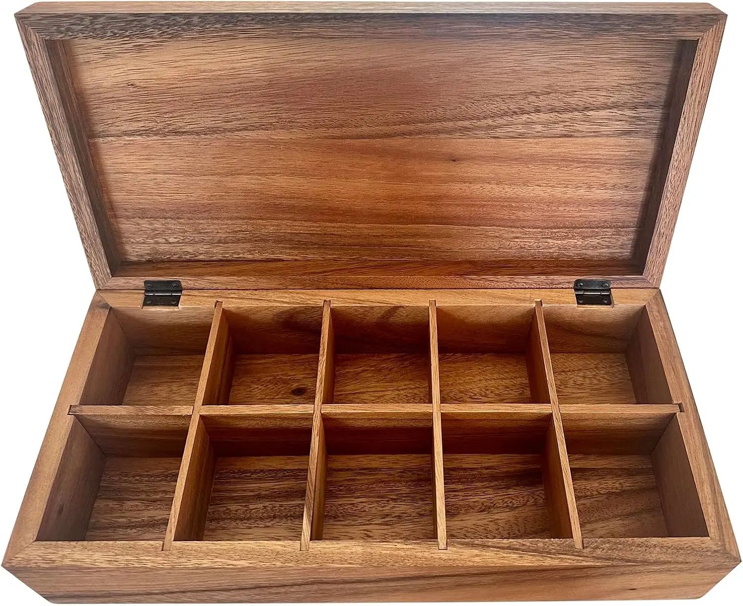 

XL Acacia Wood Tea Box, 10 Compartments, Multipurpose Storage for Tea Bags, Spices, Jewelry