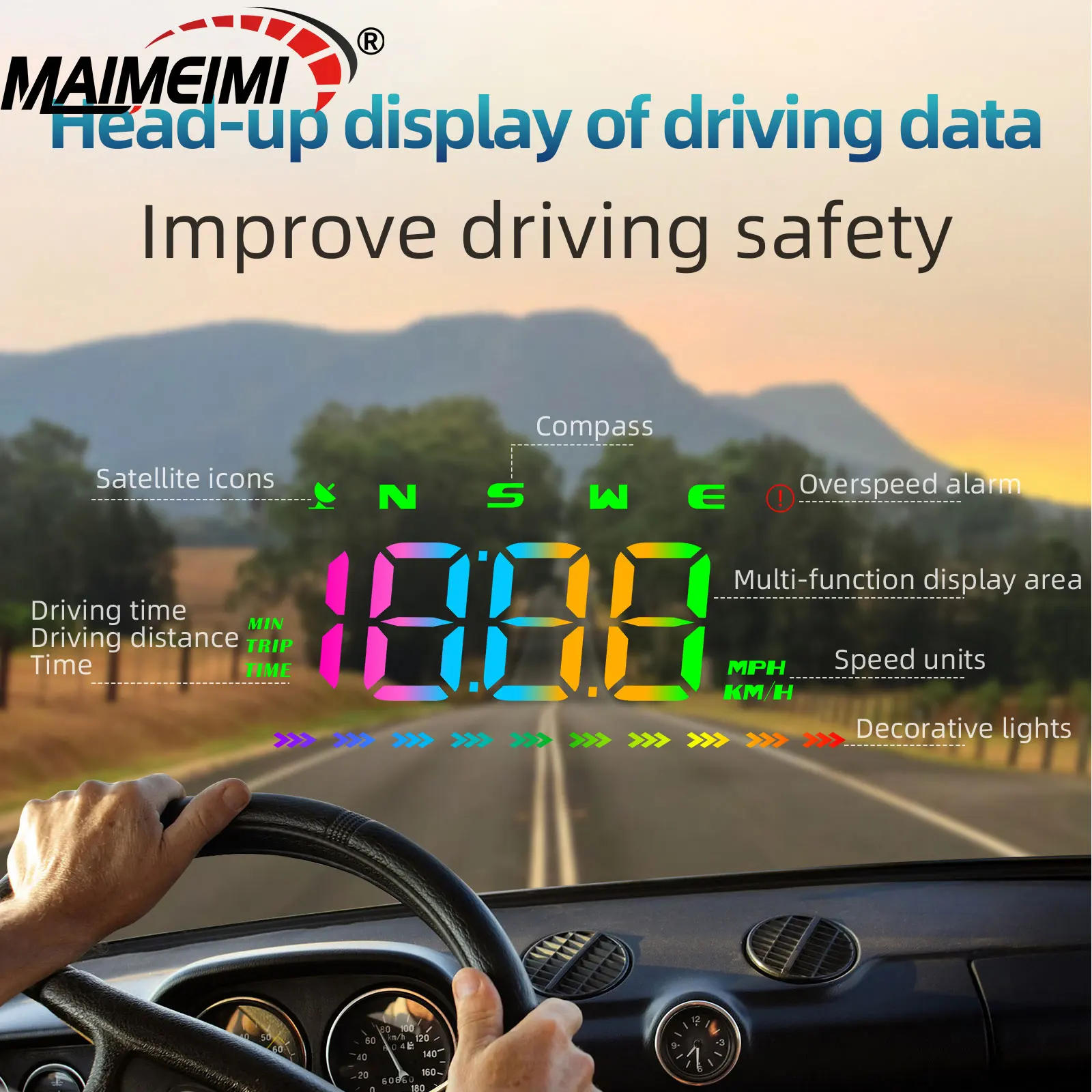 M23 سيارة لتحديد المواقع العارض الزجاج الأمامي HUD رئيس يصل عرض اللون البوصلة KMH/MPH عداد سرعة السيارة مع إنذار السرعة الزائدة