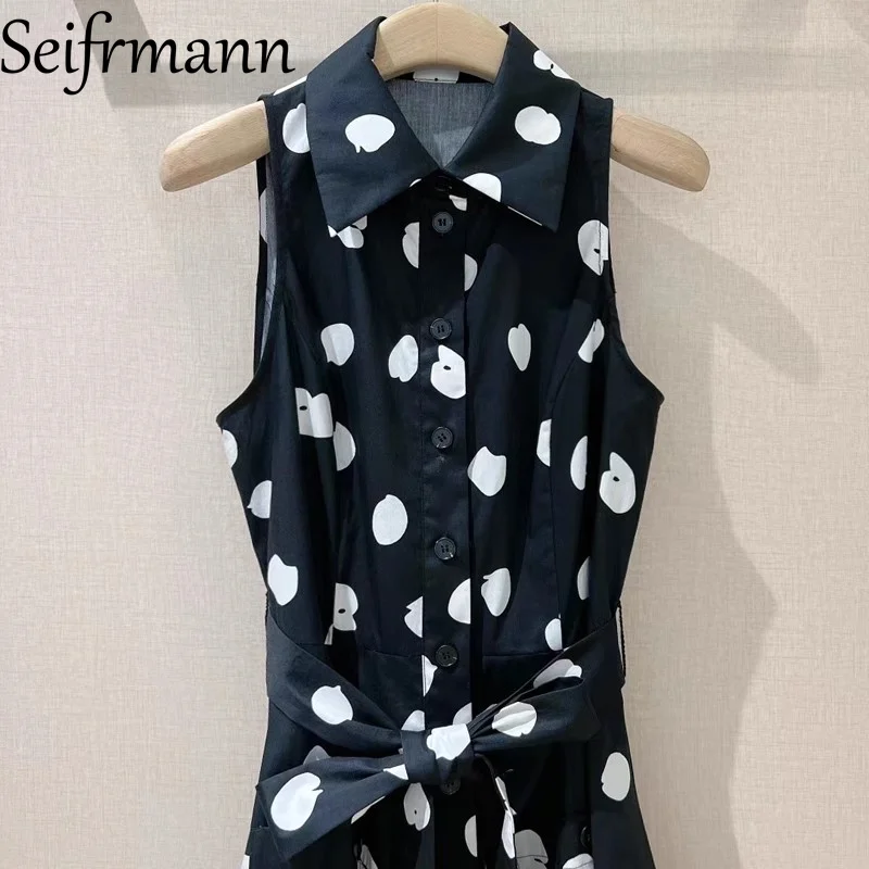 Seifrmann ドットプリントノースリーブファッションドレス女性のターンダウン襟シングルブレストレースアップスリムコットンヴィンテージドレス