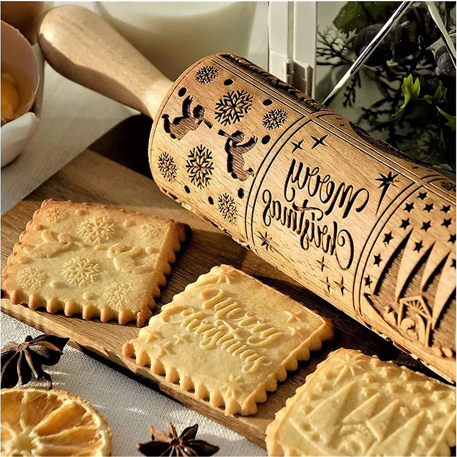 Christmas Rolling Pin with Pattern Rolling Pins Rock Snowflake Elk Embossing Baking Cooky Biscuit Fondant Cake Patterned Roller