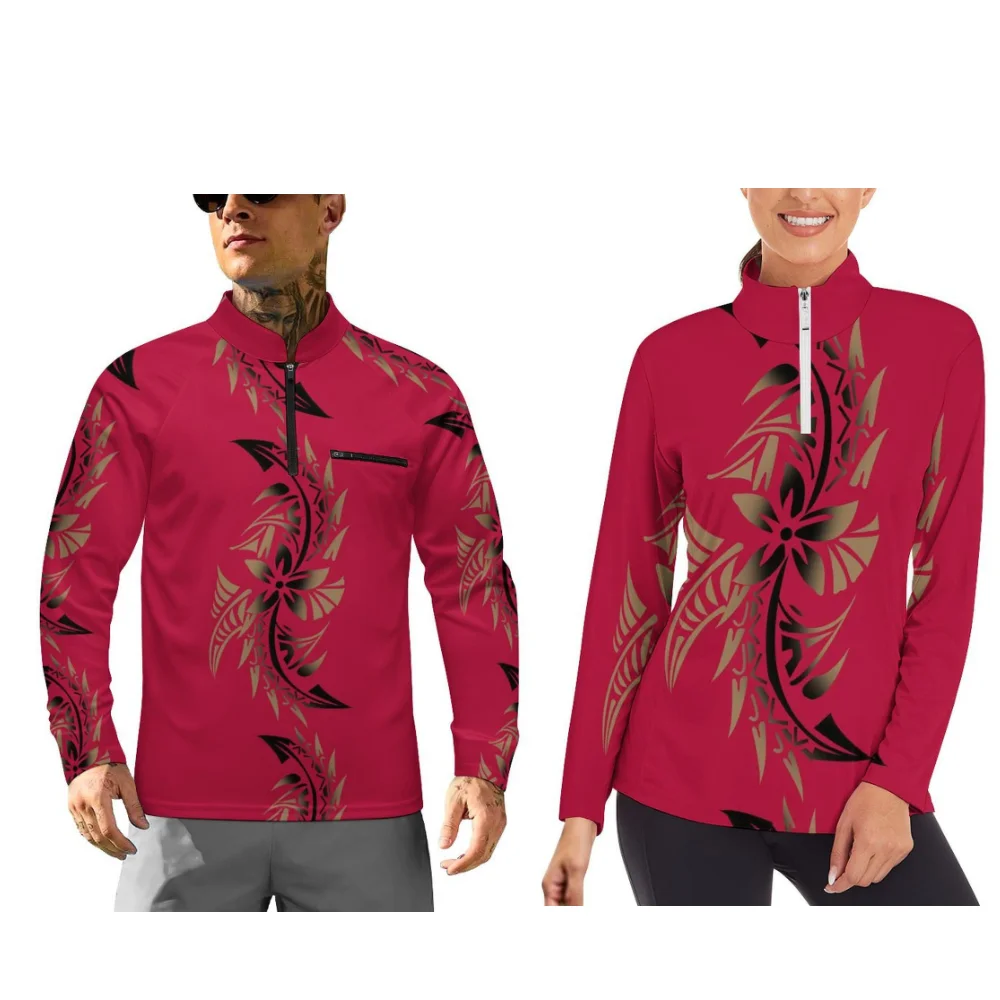 Polynesian-Style Printed Long-Sleeved Sportswear For Couples Winter Long-Sleeved Sportswear With Customizable Patterns
