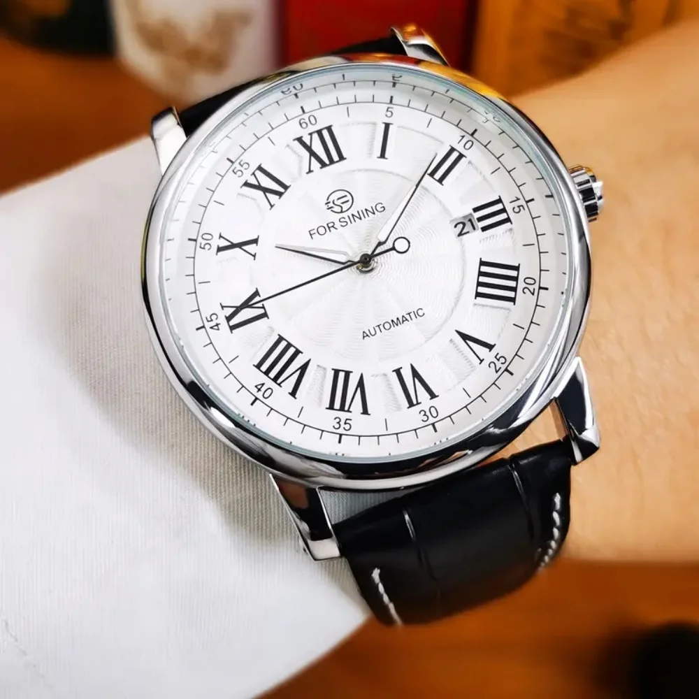 European and American Style Men's Automatic Mechanical Watch - Simple White Dial, Roman Numerals, Leather Strap - Business, Formal, Everyday Luxury Watch - Ideal Birthday, Anniversary, Christmas Gift - High-End Quality - Branded Men's Watch