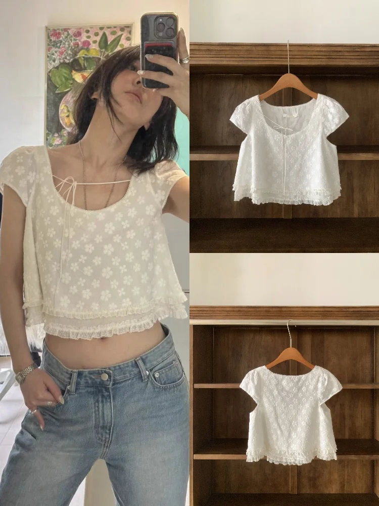 

Sweet Sle Embroidered Lace Patchwork ort Sve Square Collar Top Agel Faionable Korean Sle Women's irt