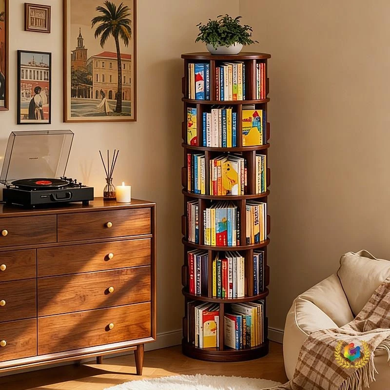 360-Degree movable rotating bookshelf Solid wood bookcase Living room corner floor storage bookshelf integrated against the wall