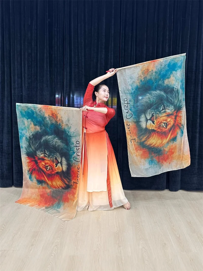 2 قطعة علم الثناء مع القطب القابل للتطوير مستطيل العبادة الملاك الجناح للكنيسة الرقص راية اللون الشيفون الحرس أعلام الأسد طباعة